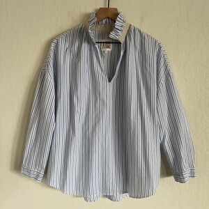 A Shirt Thing Penelope Ruffle Collar V-Neck Popover Blouse Top Large Blue Stripe